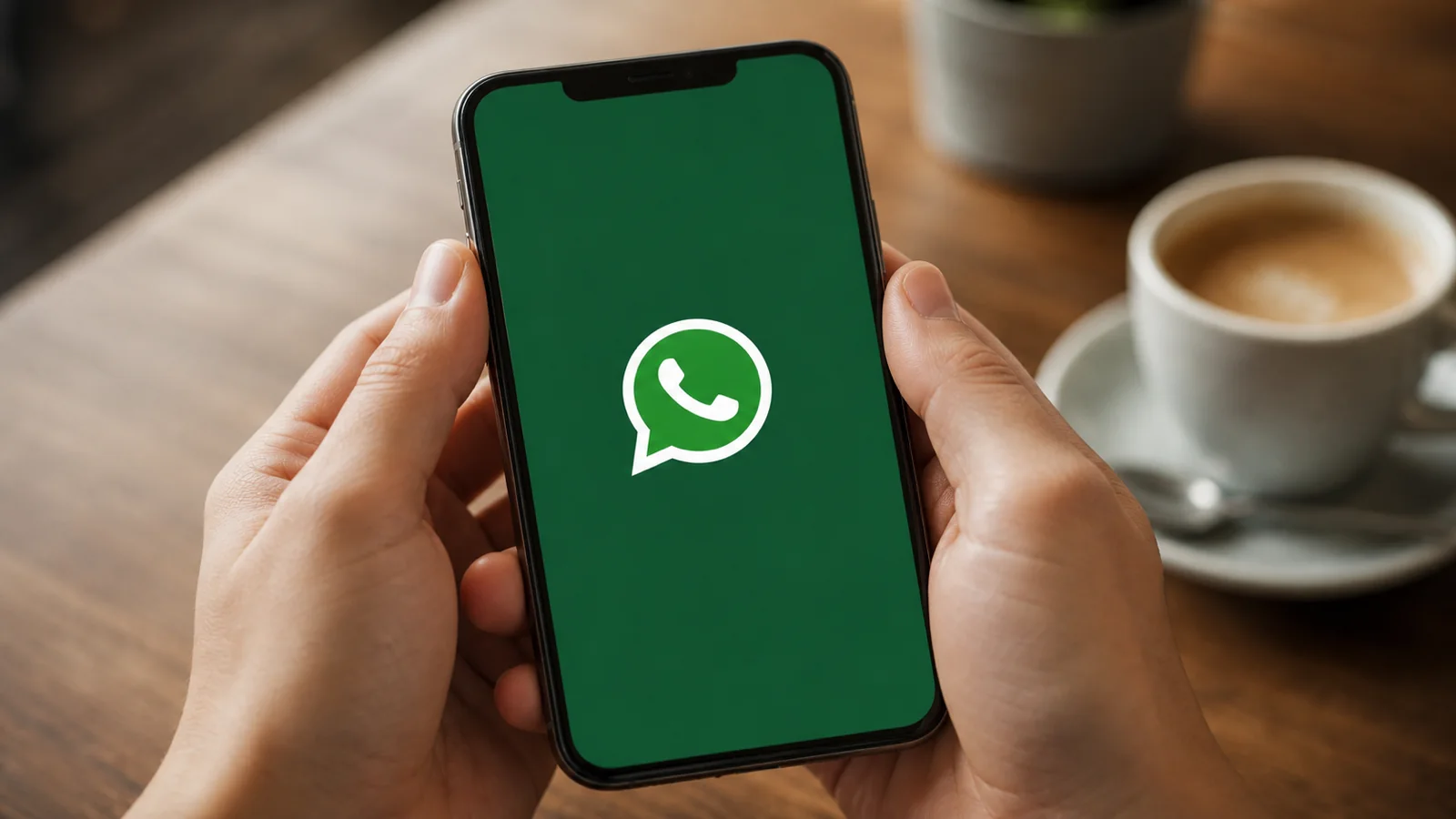 هاتف يعرض واتساب بين يدي مستخدم بجوار كوب قهوة